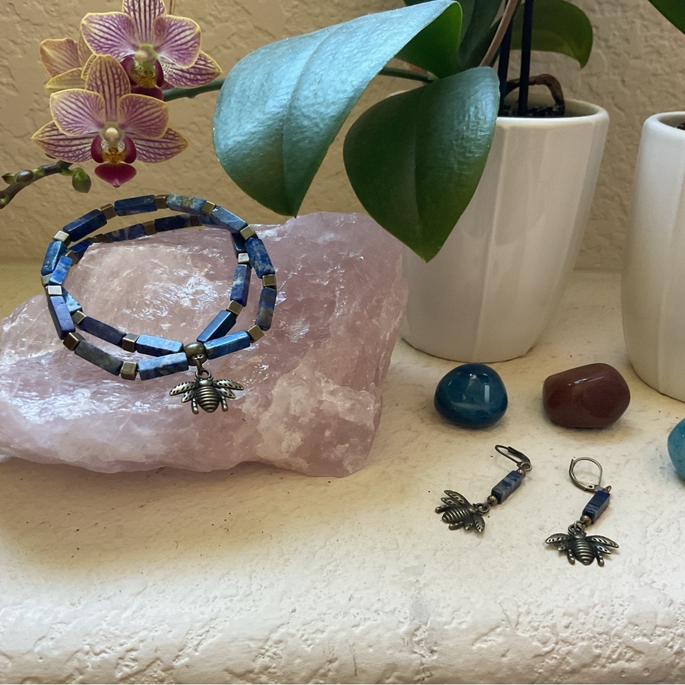 Lapis Lazuli Beaded Bracelet and Earring Set with Brass Bee Charms